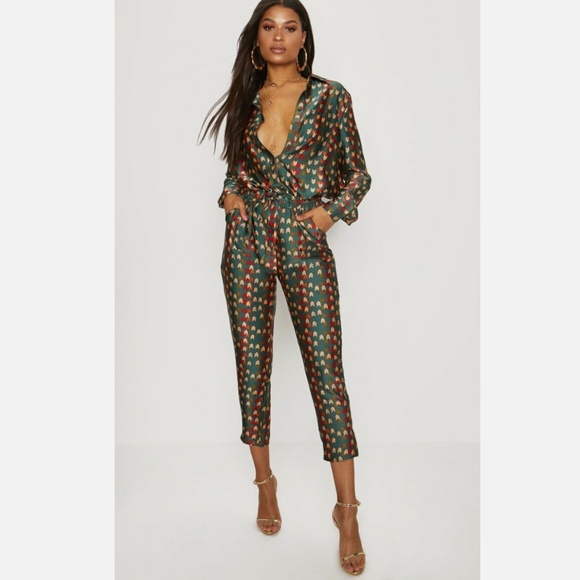 PrettyLittleThing Pants - (SMALL) MATCHING SET: Green Chevron Print Cigarette from PRETTY LITTLE THING